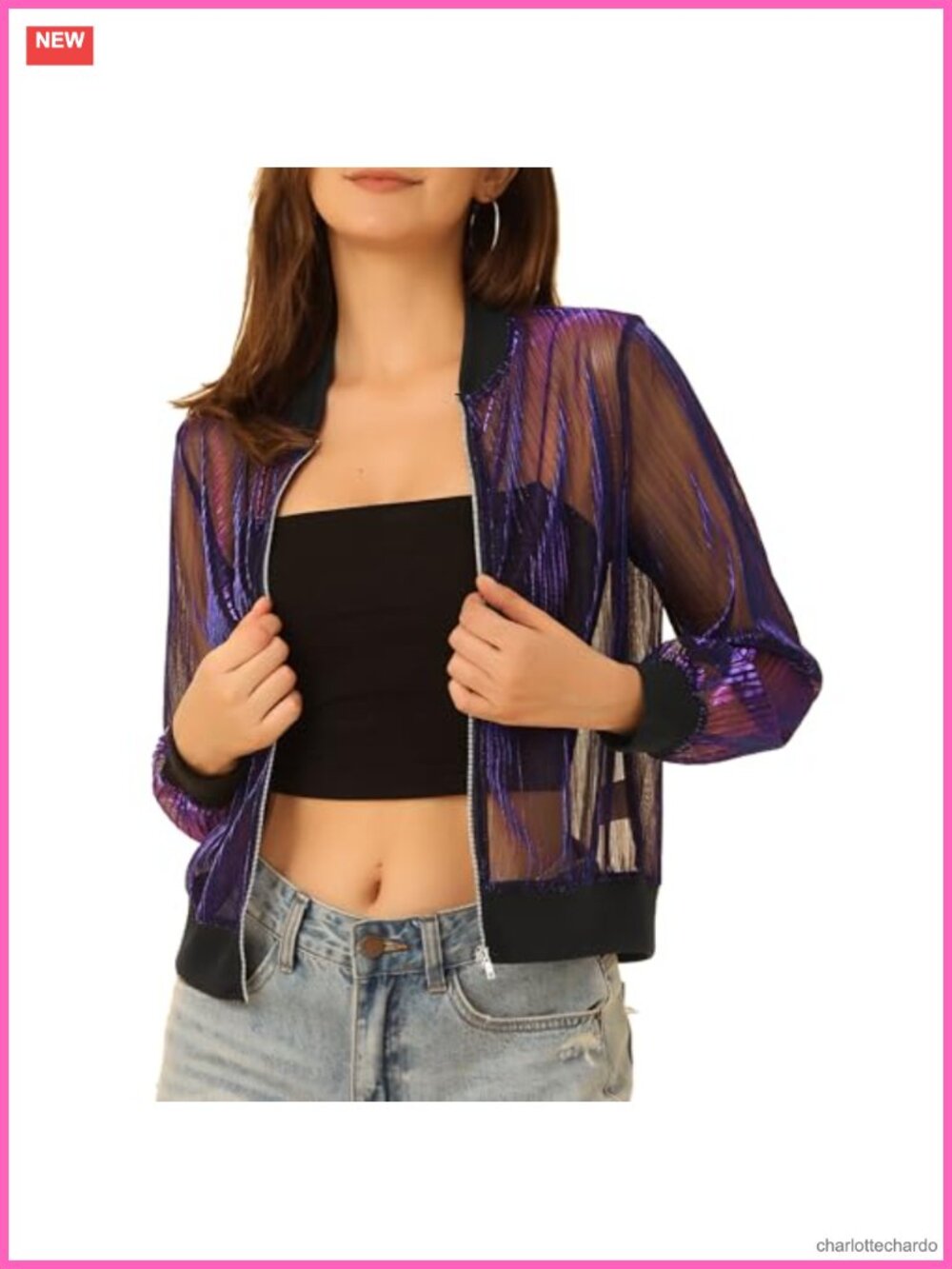 Women Sheer Mesh Glitter Long Sleeve Zip Up Party Jacket
